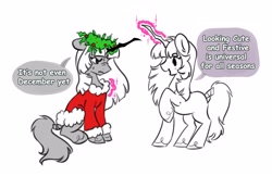 Size: 4096x2647 | Tagged: safe, artist:opalacorn, derpibooru import, twilight sparkle, oc, oc:evening star (dcayingdiviniti), pony, unicorn, alternate universe, christmas, dialogue, duo, duo female, female, floral head wreath, flower, glowing, glowing horn, holiday, holly, horn, nose wrinkle, partial color, self paradox, simple background, speech bubble, white background