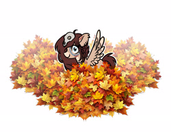 Size: 2734x2192 | Tagged: safe, artist:opalacorn, derpibooru import, oc, oc only, oc:ondrea, pegasus, pony, autumn, coat markings, female, leaf, leaf pile, leaves, mare, simple background, skull, smiling, solo, spread wings, white background, wings