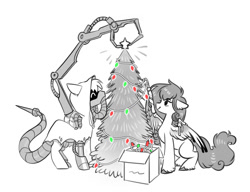 Size: 3129x2400 | Tagged: safe, artist:opalacorn, derpibooru import, oc, oc only, oc:gear works, oc:tundra, cyborg, pegasus, pony, christmas, christmas tree, duo, duo male and female, female, grayscale, holiday, hood, male, mare, monochrome, partial color, simple background, stallion, tree, white background