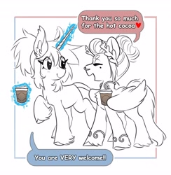 Size: 3990x4096 | Tagged: oc name needed, safe, artist:opalacorn, derpibooru import, oc, oc only, oc:void, classical unicorn, pegasus, pony, unicorn, chocolate, coffee cup, cup, dialogue, duo, duo female, ear fluff, ears, female, food, glowing, glowing horn, grayscale, horn, hot chocolate, laurel wreath, leonine tail, levitation, magic, monochrome, nose piercing, nose ring, open mouth, open smile, partial color, piercing, simple background, smiling, speech bubble, telekinesis, unshorn fetlocks, walking, white background