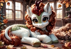 Size: 3072x2112 | Tagged: safe, ai content, derpibooru import, generator:stable diffusion, machine learning generated, autumn blaze, kirin, g4, awwtumn blaze, cute, detailed, fluffy, horn, leaf, leaves, looking at you, lying down, on side, prompter:kluknawa235, smiling, solo, window