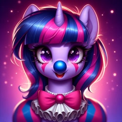 Size: 1024x1024 | Tagged: safe, ai content, derpibooru import, generator:bing image creator, generator:dall-e 3, machine learning generated, twilight sparkle, unicorn, g4, alternate hairstyle, bowtie, clown, female, horn, mare, prompter:heydude5321, solo