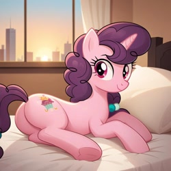 Size: 1024x1024 | Tagged: safe, ai content, derpibooru import, generator:pony diffusion v6 xl, generator:stable diffusion, machine learning generated, sugar belle, pony, unicorn, g4, backlighting, bed, bedroom, butt, city, curtains, female, horn, indoors, looking at you, looking back, looking back at you, lying down, mare, on bed, on side, plot, prompter:harvydraws, prone, show accurate, smiling, smiling at you, solo, sugar butt, sun, sunset, window