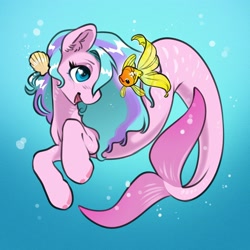 Size: 3000x3000 | Tagged: safe, artist:opalacorn, derpibooru import, oc, oc only, oc:swirly shells, fish, merpony, pony, birthday gift art, bubble, commission, female, gift art, gills, mare, ocean, open mouth, open smile, seashell, smiling, solo, swimming, tail, underwater, water