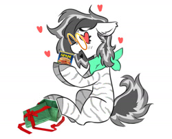 Size: 2400x1946 | Tagged: safe, artist:opalacorn, derpibooru import, oc, oc only, oc:kat, zebra, bandana, ears, female, floppy ears, food, glasses, heart, heart eyes, mare, partial color, present, round glasses, simple background, sitting, solo, spam, white background, wingding eyes, zebra oc