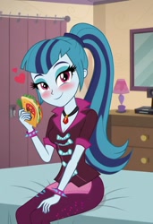 Size: 832x1216 | Tagged: safe, ai content, derpibooru import, machine learning generated, sonata dusk, human, equestria girls, g4, bed, bedroom, blushing, clothes, food, heart, indoors, looking at you, pants, prompter:nw th, solo, taco