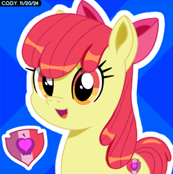 Size: 1980x1986 | Tagged: safe, artist:codenamekid, derpibooru import, apple bloom, earth pony, pony, g4, adorabloom, apple bloom's bow, bow, cmc day, complex background, cute, female, hair bow, highlights, looking at you, mare, older, older apple bloom, open mouth, open smile, shading, smiling, smiling at you, solo