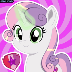 Size: 1980x1986 | Tagged: safe, artist:codenamekid, derpibooru import, sweetie belle, pony, unicorn, g4, cmc day, complex background, cute, diasweetes, female, glowing, glowing horn, highlights, horn, looking at you, mare, older, older sweetie belle, shading, smiling, smiling at you, solo