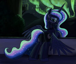 Size: 1034x867 | Tagged: safe, artist:maretian, derpibooru import, princess luna, alicorn, pony, g4, alternate mane color, aurora borealis, butt, clothes, dress, ear piercing, earring, female, jewelry, looking at you, looking back, mare, night, piercing, plot, see-through, smiling