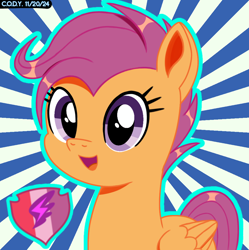 Size: 1980x1986 | Tagged: safe, artist:codenamekid, derpibooru import, scootaloo, pegasus, pony, g4, cmc day, complex background, cute, cutealoo, female, highlights, looking at you, mare, older, older scootaloo, open mouth, open smile, shading, smiling, smiling at you, solo