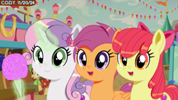 Size: 2560x1440 | Tagged: safe, artist:codenamekid, derpibooru import, edit, edited screencap, screencap, apple bloom, scootaloo, sweetie belle, earth pony, pegasus, pony, unicorn, g4, growing up is hard to do, appleloosa, appleloosa county fair, background pony, cmc day, complex background, county fair, cute, cutealoo, cutie mark crusaders, female, ferris wheel, glowing, glowing horn, highlights, horn, looking at you, mare, may fair, my little pony: friendship is magic, older, older apple bloom, older scootaloo, older sweetie belle, open mouth, open smile, shading, smiling, smiling at you