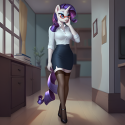 Size: 4096x4096 | Tagged: safe, ai content, derpibooru import, generator:pony diffusion v6 xl, generator:stable diffusion, machine learning generated, rarity, anthro, unicorn, g4, absurd resolution, clothes, day, eyebrows, eyeshadow, female, glasses, hand on cheek, high heels, horn, indoors, makeup, mare, mature, nail polish, office, open mouth, prompter:thedaren666, secretary, shirt, shoes, skirt, solo, stockings, teeth, thigh highs, window