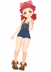 Size: 1996x2823 | Tagged: safe, artist:looofa, derpibooru import, apple bloom, human, g4, :o, apple print, blushing, boots, bow, clothes, denim, female, full body, gradient hair, hair bow, hand over mouth, humanized, medium hair, open mouth, overall shorts, overalls, shirt, shoes, short sleeves, simple background, socks, solo, white background, yellow shirt, yellow socks