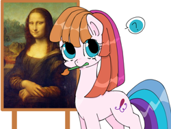 Size: 1080x810 | Tagged: safe, artist:bingjihancheng, artist:leonardo da vinci, derpibooru import, toola roola, earth pony, pony, g3, drawing, female, looking at you, mare, mona lisa, mouth hold, multicolored hair, paintbrush, painting, question mark, simple background, solo, speech bubble, white background