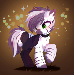 Size: 3954x4003 | Tagged: safe, artist:empress-twilight, derpibooru import, oc, oc:zenka, zebra, choker, clothes, commission, eye clipping through hair, female, mouth hold, raised hoof, raised leg, solo, stockings, thigh highs, ych result