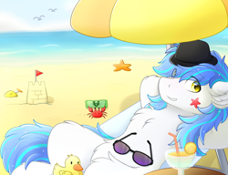 Size: 2976x2290 | Tagged: safe, artist:lingx, derpibooru import, oc, oc only, bird, crab, duck, earth pony, seagull, beach, drink, hat, looking at you, money, ocean, reclining, sandcastle, starfish, sunglasses, trowel, umbrella, water