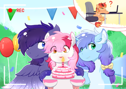 Size: 3508x2480 | Tagged: safe, artist:lingx, derpibooru import, oc, oc only, pegasus, pony, unicorn, balloon, blue eyes, blue mane, bow, cake, candle, chair, computer, food, hair tie, horn, laptop computer, pegasus oc, pink mane, purple mane, recording, table, unicorn oc, wings