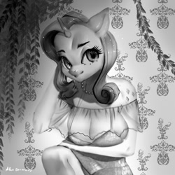 Size: 1280x1280 | Tagged: safe, artist:alex_bermuda, derpibooru import, rarity, anthro, unicorn, alternative cutie mark placement, crouching, female, grayscale, horn, indoors, monochrome, shoulder cutie mark, smiling, solo