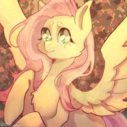 Size: 1280x1280 | Tagged: safe, artist:efimeri, derpibooru import, fluttershy, pegasus, pony, autumn, female, mare, rearing, smiling, solo, spread wings, wingding eyes, wings