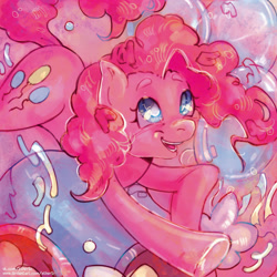 Size: 1919x1919 | Tagged: safe, artist:efimeri, derpibooru import, pinkie pie, earth pony, pony, balloon, female, looking up, lying down, mare, open mouth, open smile, prone, smiling, solo, that pony sure does love balloons, wingding eyes