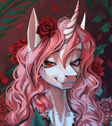 Size: 2632x2976 | Tagged: safe, artist:mycrumb, derpibooru import, oc, oc only, pony, unicorn, bust, fangs, flower, flower in hair, high res, horn, looking at you, portrait, rose, smiling, solo