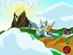 Size: 2500x1900 | Tagged: safe, artist:darkprinceismyname, derpibooru import, rainbow dash, tank, pegasus, pony, tortoise, g4, clothes, cloud, flying, greek clothes, greek god, greek mythology, helmet, hermes, light, mountain, olympus, rainbow trail, river, sandals, scenery, smiling, temple, water, wings