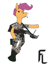 Size: 1488x2024 | Tagged: safe, artist:feraline(r), derpibooru import, scootaloo, pegasus, g4, bipedal, boots, camouflage, cigarette, clothes, female, grenade launcher, m79, military, military uniform, older, older scootaloo, shoes, simple background, transparent background, uniform, weapon