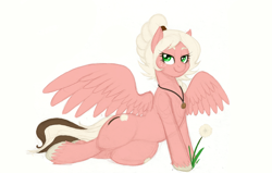 Size: 1266x807 | Tagged: safe, artist:prismspark, derpibooru import, oc, oc only, oc:dandelion, pegasus, pony, commission, dandelion, eye clipping through hair, eyebrows, eyebrows visible through hair, female, female oc, freckles, jewelry, lidded eyes, looking at you, lying down, mare, mare oc, necklace, pegasus oc, simple background, smiling, spread wings, unshorn fetlocks, white background, wings