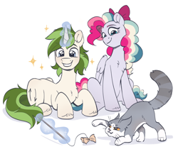 Size: 2456x2128 | Tagged: safe, artist:skysorbett, derpibooru import, oc, oc only, oc:ein, oc:sky sorbet, cat, pegasus, pony, unicorn, bow, cat toy, duo, duo male and female, female, hair bow, happy, horn, magic, magic aura, male, mare, multicolored hair, simple background, smiling, stallion, telekinesis, white background