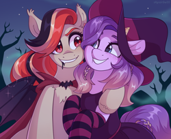 Size: 2457x2000 | Tagged: safe, artist:skysorbett, derpibooru import, oc, oc only, bat pony, earth pony, pony, cheek squish, clothes, costume, dress, duo, duo female, eyebrows, female, halloween, hat, holiday, hug, looking at each other, looking at someone, mare, night, nightmare night, outdoors, smiling, smiling at each other, socks, squishy cheeks, striped socks, vampire costume, witch costume, witch hat