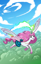 Size: 2177x3412 | Tagged: artist needed, safe, derpibooru import, alicorn, pony, barely pony related, blast, butterfly wings, cleo (melowy), cloud, female, forest, jewelry, looking at you, magic, magic aura, magic blast, mare, medallion, melowy, nature, necklace, rainbow, sky, smiling, smiling at you, solo, tree, wings