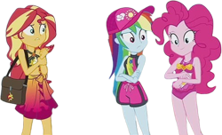 Size: 4150x2520 | Tagged: safe, derpibooru import, edit, edited screencap, editor:mrtoonlover83, screencap, pinkie pie, rainbow dash, sunset shimmer, human, equestria girls, g4, background removed, clothes, female, not a vector, one-piece swimsuit, pinkie pie swimsuit, swimsuit, trio, trio female