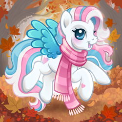 Size: 2400x2400 | Tagged: safe, artist:sparkytopia, derpibooru import, star catcher, pegasus, pony, g3, autumn, blue eyes, blushing, clothes, colored wings, female, leaves, looking at you, mare, multicolored hair, open mouth, open smile, outdoors, scarf, smiling, solo, spread wings, striped scarf, white coat, wings, ych example, your character here