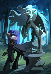 Size: 3000x4300 | Tagged: safe, artist:chamommile, derpibooru import, nightmare moon, oc, oc only, pony, unicorn, g4, ammunition, armor, blue eyes, clothes, commission, craft, duo, forest, full body, horn, looking at each other, looking at someone, nature, night, outdoors, sculpture, tree, unicorn oc