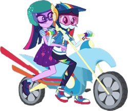 Size: 865x748 | Tagged: safe, derpibooru import, edit, edited screencap, screencap, rainbow dash, sci-twi, twilight sparkle, human, equestria girls, g4, altruism, background removed, benevolence, blouse, clothes, compassion, courage, cute, dashabetes, duo, duo female, female, feminism, generosity, heartwarming, helmet, hero dash, hoodie, kindness, loyalty, motorcycle, motorcyclist, not a vector, open hoodie, pants, rainbow dash is best human, rainbow sass, shirt, skirt, t-shirt, twiabetes