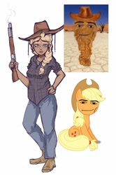 Size: 570x857 | Tagged: safe, artist:biomysor, derpibooru import, applejack, earth pony, human, applejack's hat, boots, clothes, cowboy hat, dark skin, denim, ear piercing, earring, faic, female, flannel, freckles, gun, hat, humanized, jeans, jewelry, meme, pants, piercing, rifle, shirt, shoes, simple background, weapon, white background