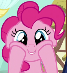 Size: 381x414 | Tagged: safe, derpibooru import, screencap, applejack, pinkie pie, earth pony, pony, g4, season 5, the one where pinkie pie knows, cropped, cute, daaaaaaaaaaaw, diapinkes, ears, excited, floppy ears, giggling, happy, laughing, my little pony: friendship is magic, offscreen character, smiling, solo focus, squishy cheeks