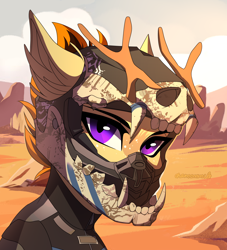 Size: 3000x3300 | Tagged: safe, artist:chamommile, derpibooru import, oc, oc only, deer, pony, unicorn, ammunition, brony, bust, clothes, commission, craft, desert, helmet, horn, horns, looking at you, motocross outfit, motorcycle helmet, motorcyclist, night, portrait, purple eyes, sai, scenery, sculpture, solo, tree, unicorn oc, ych result, yellow skin