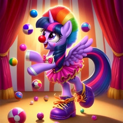 Size: 1024x1024 | Tagged: safe, ai content, derpibooru import, generator:bing image creator, generator:dall-e 3, machine learning generated, twilight sparkle, twilight sparkle (alicorn), alicorn, pony, g4, ball, bowtie, clothes, clown, clown nose, curtains, female, horn, mare, prompter:heydude5321, rainbow wig, red nose, shoes, solo, tutu, wig