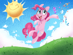 Size: 1600x1200 | Tagged: safe, artist:nootaz, derpibooru import, pinkie pie, earth pony, pony, confetti, open mouth, open smile, outdoors, smiling, smiling sun, solo, sun