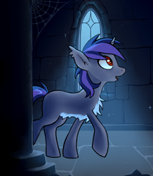 Size: 700x802 | Tagged: safe, artist:embryolk, derpibooru import, oc, oc only, oc:dreaming star, bat pony, hybrid, pony, unicorn, g4, bat pony oc, bat pony unicorn, castle, chest fluff, commission, fangs, horn, indoors, male, mirror, moonlight, pale belly, red eyes, solo, stallion, ych result