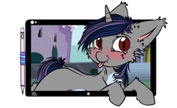 Size: 1920x1176 | Tagged: safe, artist:clarsithell, derpibooru import, oc, oc only, oc:dreaming star, bat pony, hybrid, pony, unicorn, g4, :p, bat pony unicorn, blushing, breaking the fourth wall, chest fluff, commission, cute, drawing tablet, fangs, fluffy, fur, hooves, horn, male, ocbetes, simple background, solo, stallion, tongue, tongue out, transparent background, ych result