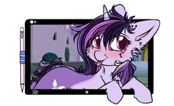 Size: 1920x1176 | Tagged: safe, artist:clarsithell, derpibooru import, oc, oc only, oc:dreaming bell, pony, unicorn, g4, blushing, breaking the fourth wall, commission, cute, drawing tablet, female, fluffy, fur, hooves, horn, mare, ocbetes, simple background, solo, transparent background, two toned coat, unicorn oc, ych result