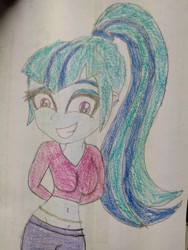 Size: 780x1040 | Tagged: safe, artist:warioman69, derpibooru import, sonata dusk, human, equestria girls, g4, breasts, clothes, cute, cute grin, exposed belly, eyeshadow, female, grin, hands behind back, makeup, ponytail, smiling, solo, sonata bust, sonatabetes