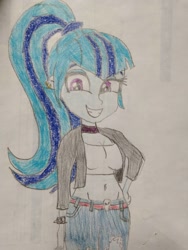 Size: 780x1040 | Tagged: safe, artist:warioman69, derpibooru import, sonata dusk, human, equestria girls, g4, breasts, choker, clothes, cute, ear piercing, earring, exposed belly, eyeshadow, female, grin, hand on hip, jewelry, makeup, piercing, ponytail, smiling, solo, sonata bust, sonatabetes