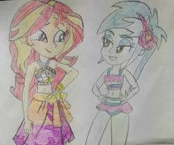 Size: 1280x1070 | Tagged: safe, artist:warioman69, derpibooru import, lyra heartstrings, sunset shimmer, human, equestria girls, g4, clothes, cute, duo, eyeshadow, flower, flower in hair, grin, hand on hip, lidded eyes, looking at each other, looking at someone, lyra heartstrings swimsuit, lyrabetes, makeup, smiling, smiling at each other, swimsuit