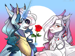 Size: 1600x1200 | Tagged: safe, artist:legendaryshadee, derpibooru import, oc, oc only, alicorn, bat pony, pony, clothes, duo, flower, magic, male, rose, shirt, stallion