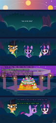 Size: 1793x3906 | Tagged: safe, artist:wheatley r.h., derpibooru exclusive, derpibooru import, twilight sparkle, twilight sparkle (alicorn), oc, oc:myoozik the dragon, oc:twi clown, alicorn, dragon, pony, unicorn, comic:between skull and flowers, g4, altar de muertos, angry, bush, catrina (calavera garbancera), cempasúchil, chewing, clothes, comic, dragon oc, eating, female, flower, folded wings, food, forest, glasses, hat, horn, lamp, male, mare, nature, night, night sky, non-pony oc, onomatopoeia, outdoors, sky, structure, top hat, tree, unicorn oc, vector, watermark, wings