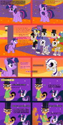 Size: 1793x3528 | Tagged: safe, artist:wheatley r.h., derpibooru exclusive, derpibooru import, twilight, twilight sparkle, twilight sparkle (alicorn), oc, oc:myoozik the dragon, oc:twi clown, alicorn, dragon, pony, skeleton pony, unicorn, comic:between skull and flowers, g1, g4, altar de muertos, angry, bone, bow, bush, catrina (calavera garbancera), cempasúchil, clothes, comic, dragon oc, female, flower, folded wings, forest, glasses, hat, horn, lamp, male, mare, nature, night, night sky, non-pony oc, onomatopoeia, outdoors, shocked, shocked expression, skeleton, sky, stallion, structure, tail, tail bow, top hat, tree, unicorn oc, vector, watermark, wings