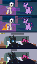 Size: 1793x3078 | Tagged: safe, artist:wheatley r.h., derpibooru exclusive, derpibooru import, twilight, twilight sparkle, twilight sparkle (alicorn), oc, oc:lara, oc:w. rhinestone eyes, alicorn, changeling, pony, skeleton pony, unicorn, comic:between skull and flowers, g1, g4, bed, blue changeling, bone, bow, bush, changeling oc, clothes, comic, female, folded wings, heart, honeypot changeling, horn, male, mare, nature, night, night sky, onomatopoeia, outdoors, pink changeling, skeleton, sky, sleeping, tail, tail bow, unicorn oc, vector, watermark, wings